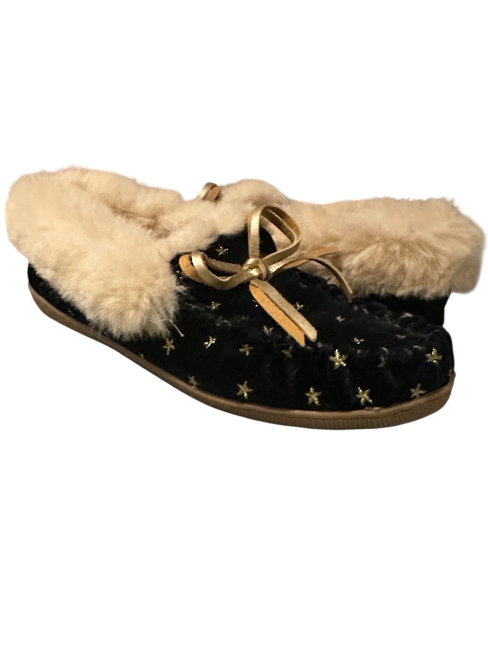 J. Crew Black Faux-Fur Lined Star Slippers with Gold Bow